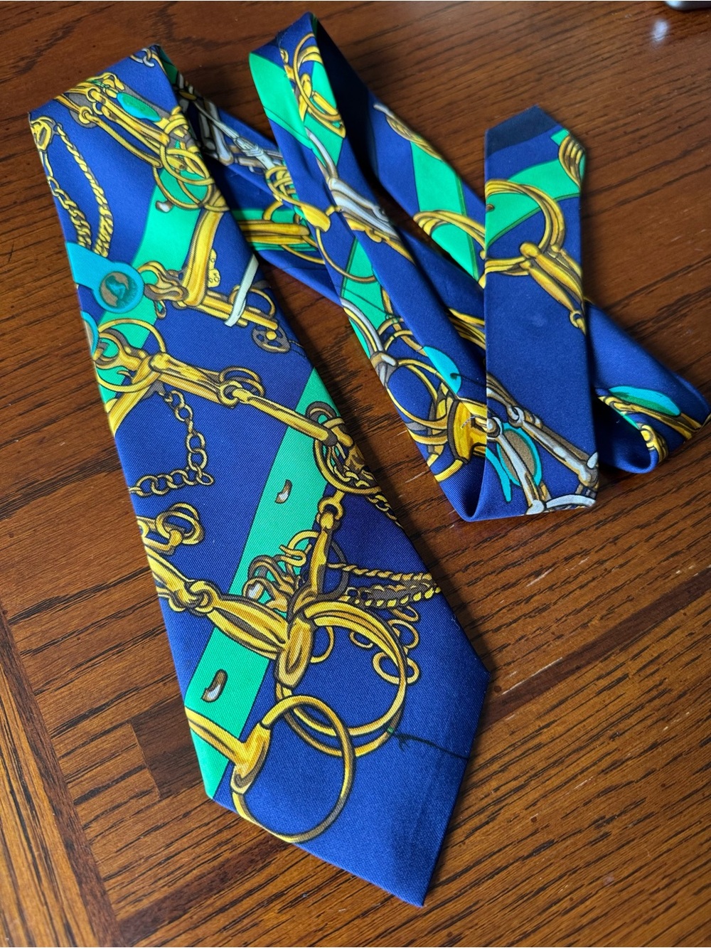 Hermes Paris 100% Silk Neck Tie Green Gold Equestrian Bit Chain Horse - Picture 3 of 7